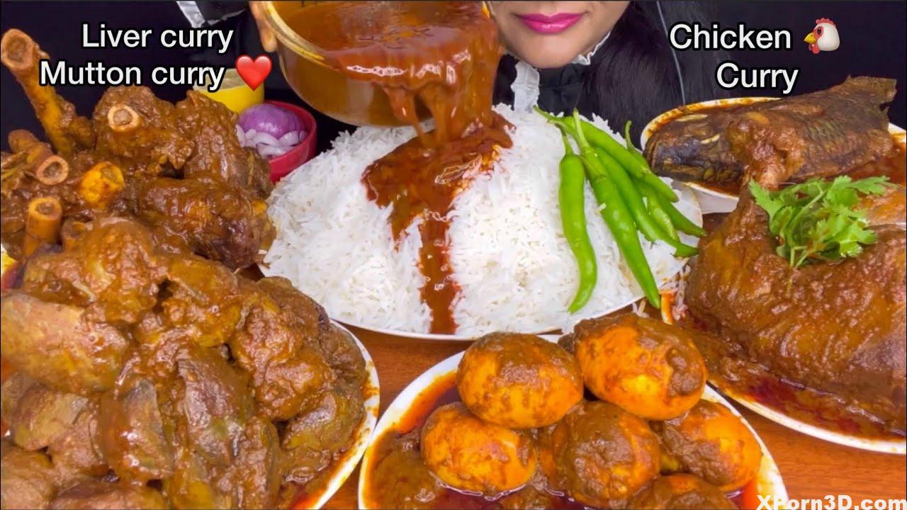 ASMR EATING SPICY CHICKEN CURRY,SPICY LIVER CURRY,SPICY MUTTON CURRY,SPICY FISH CURRY,EGG CURRY
